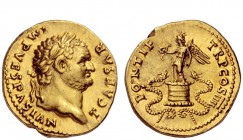 The Roman Empire 
 Titus caesar, 69 – 79 
 Aureus 75, AV 7.20 g. T CAESAR – IMP VESPASIAN Laureate head r. Rev. PONTIF – TR P COS IIII Victory stand...