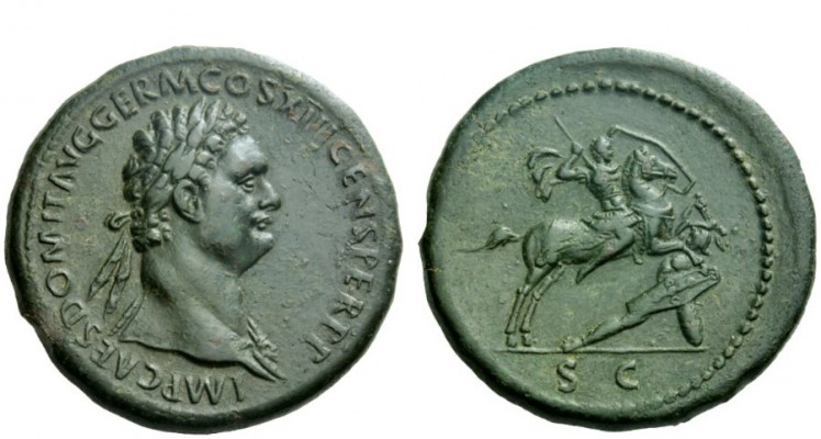 The Roman Empire 
 Domitian augustus, 81 – 96 
 Sestertius 87, Æ 26.38 g. IMP ...
