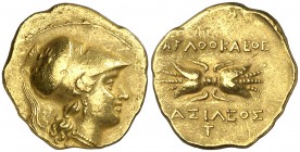 Agatocles (317-289 a.C.). Sicilia. Siracusa. Estátera de oro. (S. 970 var) (CNG. II, 1535). 5,58 g. Cospel irregular. Rara. (MBC+).