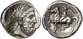 Imperio Macedonio. Filipo II (359-336 a.C.). Amfípolis. Tetradracma. (S. 6679 var) (CNG. III, 861). 14,43 g. Muy bella. Ex CNG, 17/09/2014, nº 78. Rar...