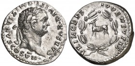 (80 d.C.). Domiciano. Denario. (Spink 2675) (S. 390) (RIC. 267, de Tito). 3,34 g. EBC.