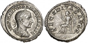 (238 d.C.). Gordiano I, Africano. Denario. (Spink 8448) (S. 10) (RIC. 5). 3,12 g. Muy rara. EBC-.