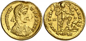 (402-403 d.C.). Honorio. Mediolanum. Sólido. (Spink 20916) (Co. 44) (RIC. 1206a). 4,33 g. Golpe en borde del reverso. (MBC+).