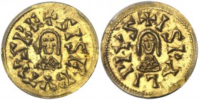 Sisebuto (612-621). Ispali (Sevilla). Triente. (CNV. 219) (R.Pliego 274a). En cápsula de la PCGS como MS62. EBC.