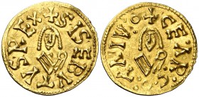 Sisebuto (612-621). Caesaraugusta (Zaragoza). Triente. (CNV. 269 var) (R.Pliego 247a var). 1,38 g. Un sólo punto entre CE y R. Rara. EBC-.