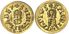 Suintila (621-631). Emérita (Mérida). Triente. (CNV. 327) (R. Pliego 393b). En cápsula de la ANACS como MS62. EBC.