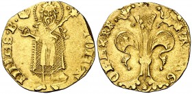 Ferran I (1412-1416). Valencia. Florí. (Cru.V.S. 760) (Cru.Comas 67) (Cru.C.G. 2803). 3,39 g. Marcas: corona y losanje partido en aspa a los pies del ...