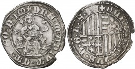 Ferran I de Nàpols (1458-1494). Nàpols. Carlí. (Cru.V.S. 1031) (Cru.C.G. 3444). 3,46 g. Raya en reverso. Pequeño defecto de cospel en borde. Ex Colecc...