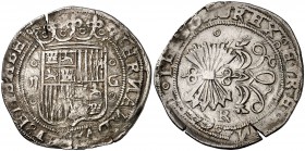 Reyes Católicos. Granada. R. 2 reales. (Cal. 238). 6,48 g. Ensayador y en reverso. Grieta. MBC.