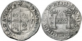 s/d. Juana y Carlos. México. P. 4 reales. (Cal. 74). 13,58 g. Mínimo golpecito, pero extraordinario ejemplar. Muy rara. EBC-.