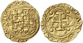 s/d. Juana y Carlos. Sevilla. . 1 escudo. (Cal. 53) (Falta en V.Q. y Carles Tolrà) (Tauler 20, mismo ejemplar). 3,38 g. Muy rara. MBC+.
