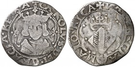 s/d. Carlos I. València. 2 reales. (Cru.C.G. 4150a) (Cal. 37 var). 3,92 g. Rara. BC+.
