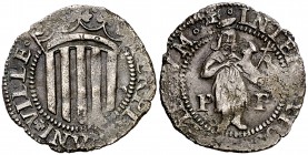 s/d. Felipe II. Perpinyà. 1 sou. (Cal. 840) (Cru.C.G. 3807). 1,54 g. Buen ejemplar. Muy rara y más así. MBC+.