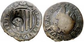 s/d. Felipe II. Perpinyà. 1 sou. (Cal. 841) (Cru.C.G. 3807a). 1,55 g. Contramarca: cabeza de San Juan, realizada en 1603. Muy rara. (MBC).