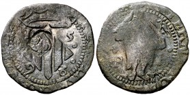 1598. Felipe II. Perpinyà. Doble sou. (Cal. 839) (Cru.C.G. 3806a). 2,71 g. Contramarca: cabeza de San Juan, realizada en 1603. MBC.