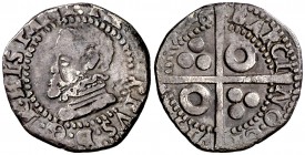1596. Felipe II. Barcelona. 1/2 croat. (Cal. 698) (Cru.C.G. 4247i). 1,46 g. Rara. MBC-.