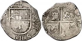 1590. Felipe II. Sevilla. . 4 reales. (Cal. falta). 13,70 g. Ensayador en reverso. Ex Colección Isabel de Trástamara vol. V, 26/05/2016, nº 515. MBC-....