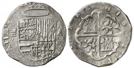 s/d. Felipe II. Valladolid. . 4 reales. (Cal. 442). 13,54 g. Armas de Flandes y Tirol intercambiadas. Rara. MBC+.