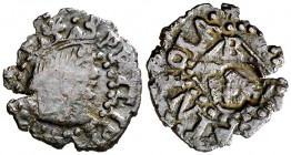 (hacia 1600). Felipe III. Banyoles. 1 diner. (Cal. 590) (Cru.C.G. 3661). 0,46 g. Contramarca: cabeza de fraile, realizada en 1605. Escasa así. (EBC-)....