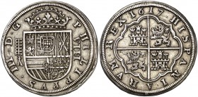1617. Felipe III. Segovia. . 8 reales. (Cal. 156). 26,32 g. Resto de soldadura en canto. Rara. (MBC+).