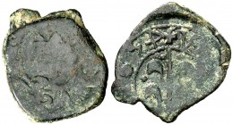 (1)65(sic). Felipe IV. Valencia. 1 diner. (Cal. falta) (Cru.C.G. 4435j). 1,26 g. La S de PHILIPVS y el 4 de la fecha girados. Rara. BC+.