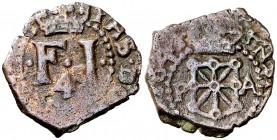 1641. Felipe IV. Pamplona. 4 cornados. (Cal. 1473) (R.Ros 4.5.20). 1,71 g. Módulo pequeño. P-A en reverso. Rara. MBC-.