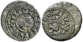1663. Felipe IV. Burgos. R. 2 maravedís. (Cal. 1280) (J.S. M-44). 0,59 g. Algo descentrada. Escasa. MBC.