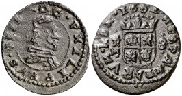 1662. Felipe IV. Trujillo. M. 8 maravedís. (Cal. 1640) (J.S. M-734). 1,56 g. Corona cerrada. Buen ejemplar. MBC+.