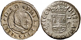 1663. Felipe IV. M (Madrid). S. 16 maravedís. (Cal. 1399) (J.S. M-384). 4,12 g. Atractiva. EBC-.