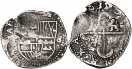 1635. Felipe IV. (Potosí). (T). 8 reales. (Cal. 477). 26,81 g. El 8 del valor abierto. Águila en vez de león en el escudo de Flandes. Rara. BC+.