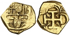 Felipe IV. (Sevilla). 1 escudo. (Cal. tipo 46). 2,86 g. Armas de Flandes y Tirol repetidas, unas en el lugar del escusón de Portugal. Rara. MBC.