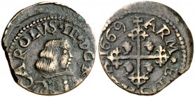 1669. Carlos II. Sardenya (Cagliari). 1 callerès. (Vti. 200) (Cru.C.G. 4950a) (MIR. 92/2). 4,08 g. Descentrada. Buen ejemplar para esta ceca. (MBC+).