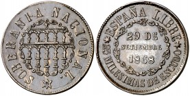 1868. Gobierno Provisional. Segovia. 25 milésimas de escudo. (Cal. 23). 5,86 g. Rara. MBC+.