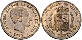 1877. Alfonso XII. Barcelona. OM. 5 céntimos. (Cal. 71). 5 g. Bella. EBC.