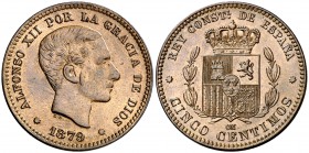 1879. Alfonso XII. Barcelona. OM. 5 céntimos. (Cal. 73). 5,24 g. Bella. EBC+.