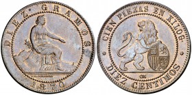 1870. Gobierno Provisional. Barcelona. OM. 10 céntimos. (Cal. 24). 10 g. Bella. EBC/EBC+.
