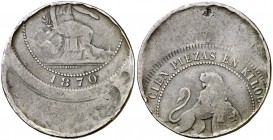 1870. Gobierno Provisional. Barcelona. (OM). 10 céntimos. (Cal. 24). 9,49 g. Acuñación muy desplazada. Rara. MBC-.