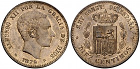 1879. Alfonso XII. Barcelona. OM. 10 céntimos. (Cal. 69). 9,23 g. Bella. EBC+.