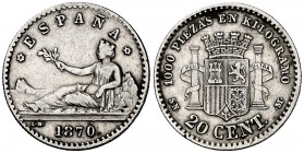 1870*70. Gobierno Provisional. SNM. 20 céntimos. (Cal. 22). 0,99 g. Golpecito. Escasa. MBC-.