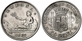 1869*69. Gobierno Provisional. SNM. 50 céntimos. (Cal. 18). 2,48 g. Rayitas. MBC+/EBC-.