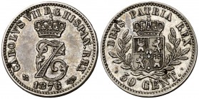 1876. Carlos VII, Pretendiente. Bruselas. 50 céntimos. (Cal. 7). 2,51 g. Bella. Parte de brillo original. Rara. EBC+.