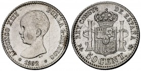 1892*92. Alfonso XIII. PGM. 50 céntimos. (Cal. 55 var). 2,55 g. P sobre M. Rayitas. Rara. MBC+/EBC-.