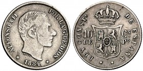 1884. Alfonso XII. Manila. 10 centavos. (Cal. 97). 2,52 g. Escasa. MBC-.