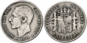 1884/3*188-. Alfonso XII. MSM. 1 peseta. (Cal. 60). 4,87 g. Rara. BC+.
