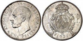 1927*1927. Alfonso XIII. 1 peseta. (Aledón 160.PM2, edición de 1997) 5,04 g. Prueba no adoptada en plata. Sin ensayador. Bella. Muy rara. S/C-.