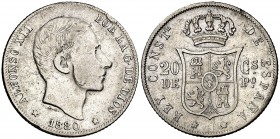 1880. Alfonso XII. Manila. 20 centavos. (Cal. 87). 5,05 g. Escasa. MBC-.