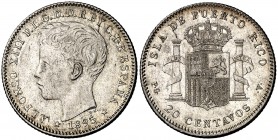 1895. Alfonso XIII. Puerto Rico. PGV. 20 centavos. (Cal. 84). 5,01 g. MBC+/EBC-.