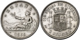 1869*1869. Gobierno Provisional. SNM. 2 pesetas. (Cal. 5). 9,92 g. EBC-.