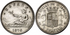 1870*1873. Gobierno Provisional. DEM. 2 pesetas. (Cal. 9). 9,96 g. EBC+.