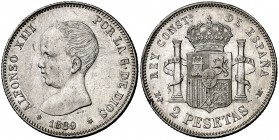 1889*1889. Alfonso XIII. MPM. 2 pesetas. (Cal. 29). 10 g. Golpecitos en canto. EBC-.
